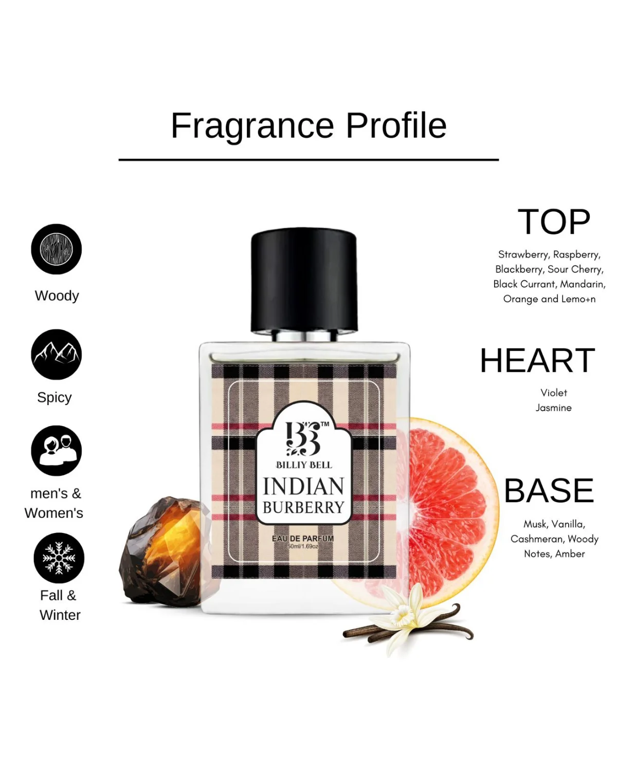 Billiy Bell Indian Burberry Eau De Parfum for Men – 50ml / 1.69 fl oz – Long-Lasting Citrus, Amber & Vanilla Fragrance image 4